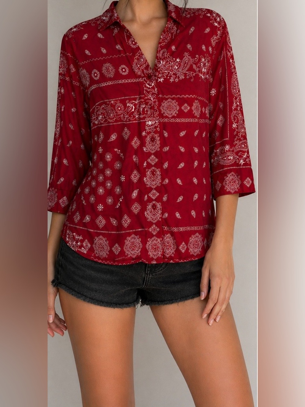 Allison Daley Vintage Red Paisley Shoulder Pad Button Up Blouse Size 6P